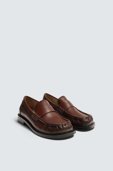 LEATHER PENNY LOAFERS - Dark tan by Zara