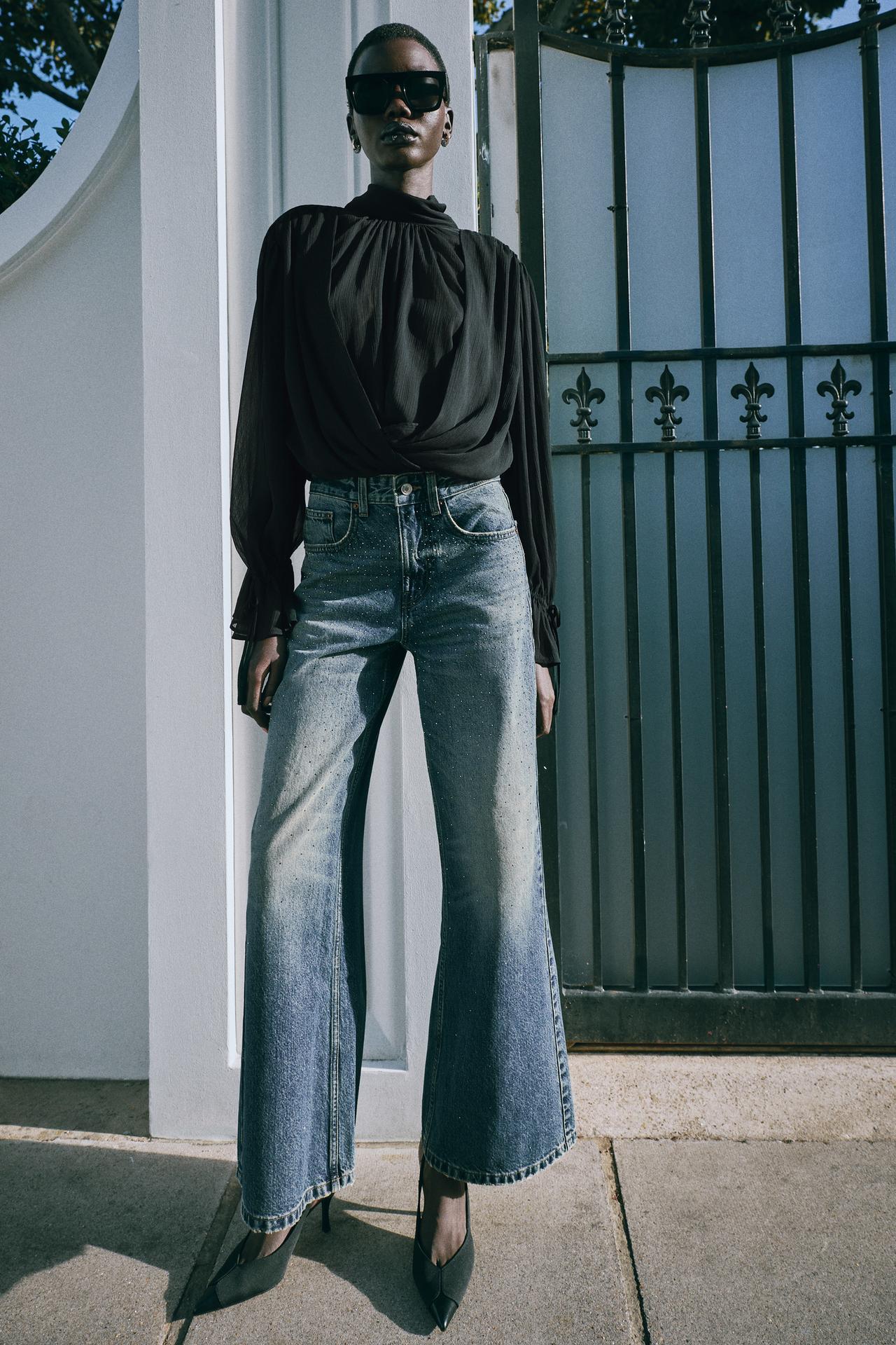 Z1975 HIGH-RISE LOOSE WIDE-LEG RHINESTONE JEANS — Blue