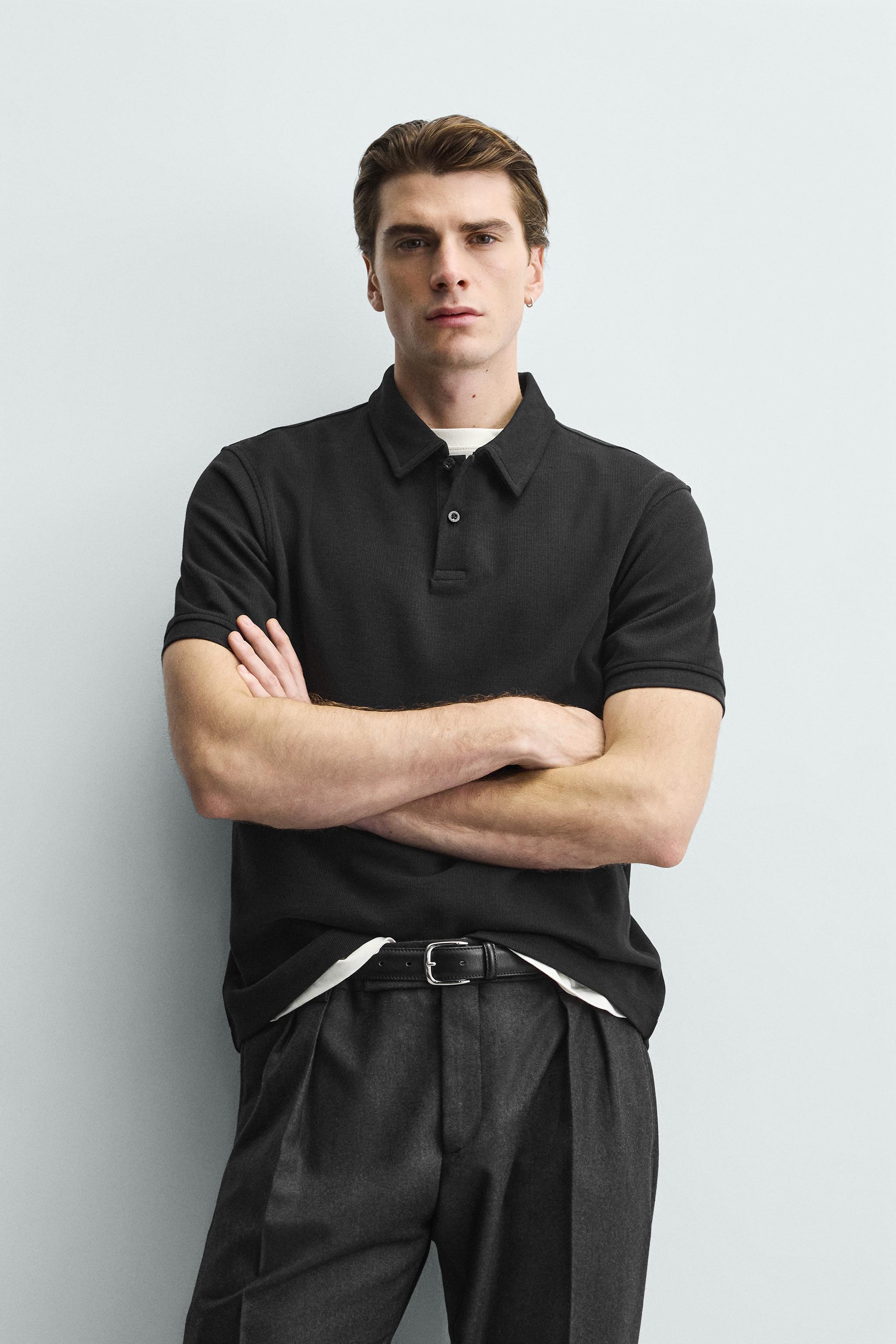 REGULAR FIT TEXTURED POLO — Black