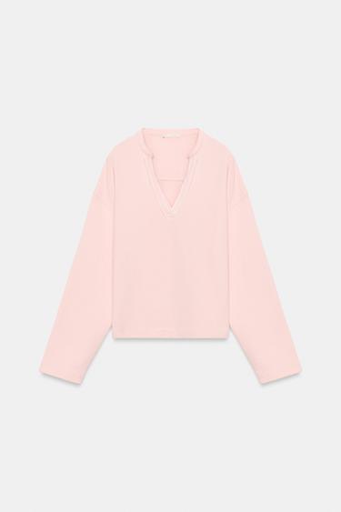SUDADERA ESCOTE PICO ALGODÓN - Rosa pastel de Zara
