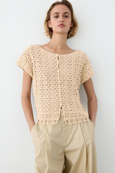 Cárdigan manga corta punto crochet - Visón oscuro de Zara