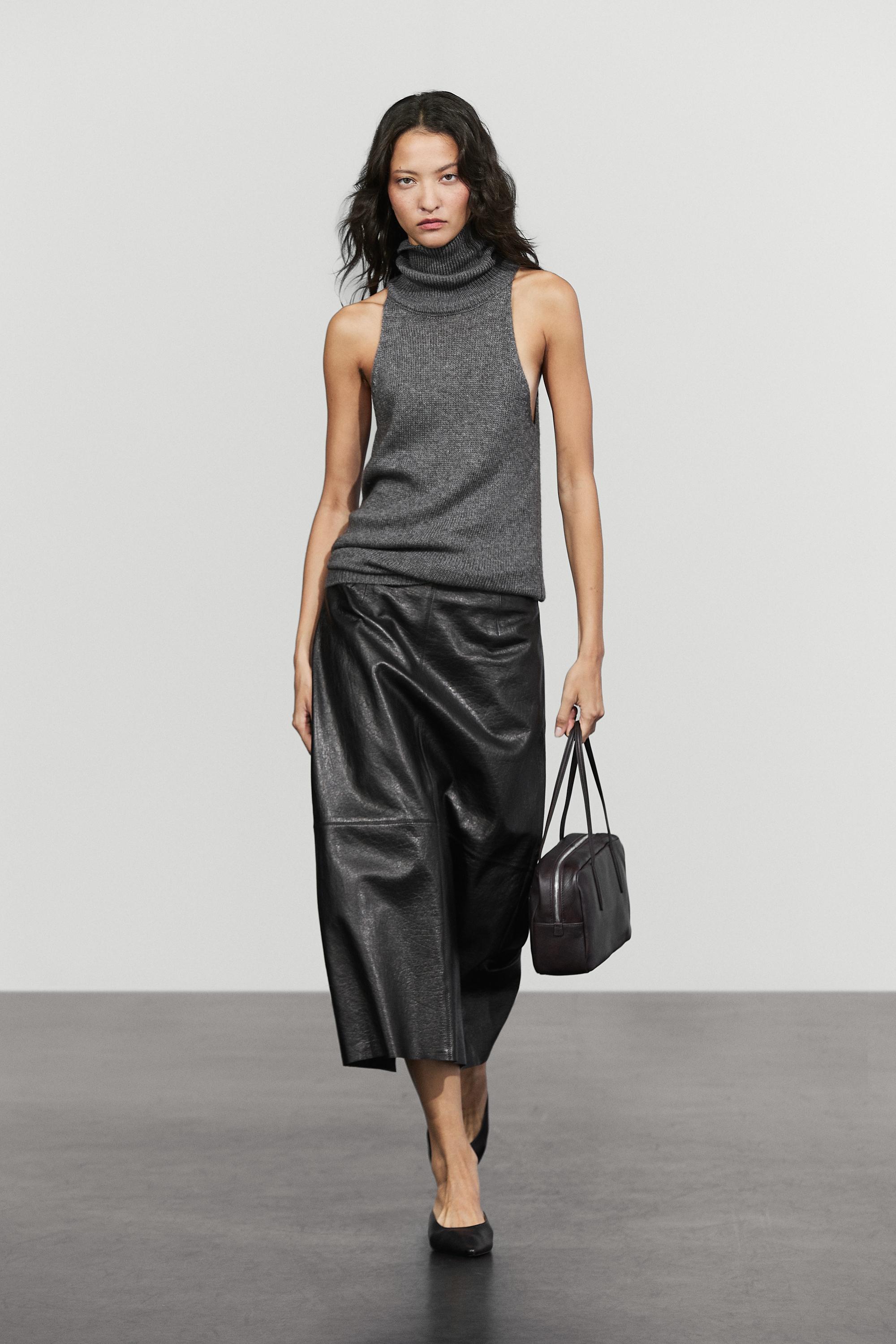 Midi balloon skirt with Nappa leather seams - Black | ZARA United