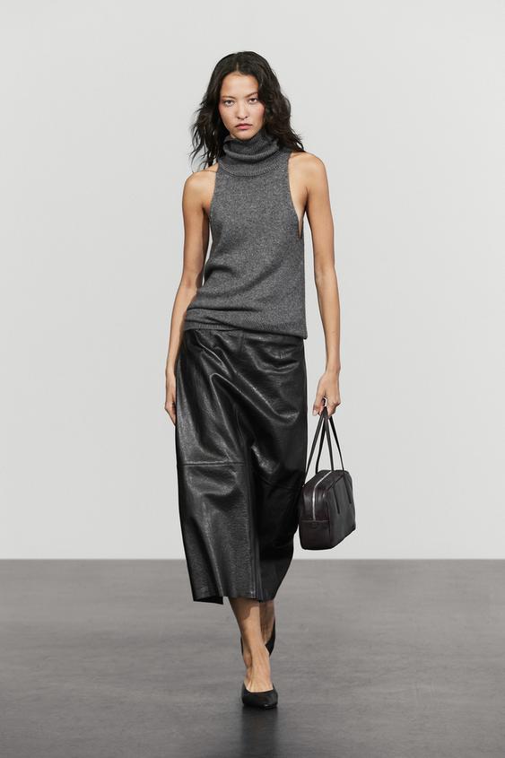 Zara Midi balloon  skirt with Nappa leather seams - Black - Image 0