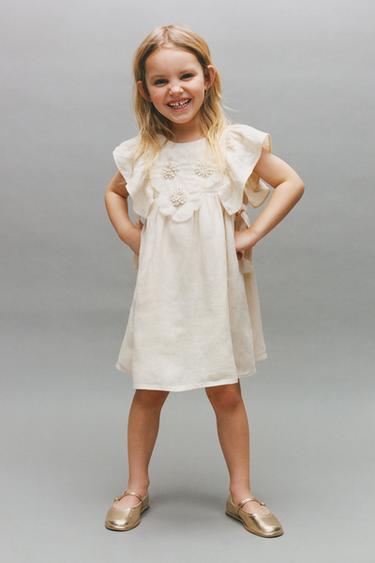Zara 100% LINEN FLORAL DRESS - Ecru - Image 0