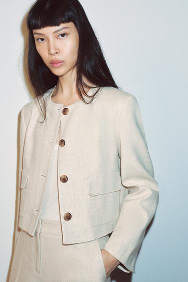 Zara RUSTIC WEAVE JACKET SET - Light beige