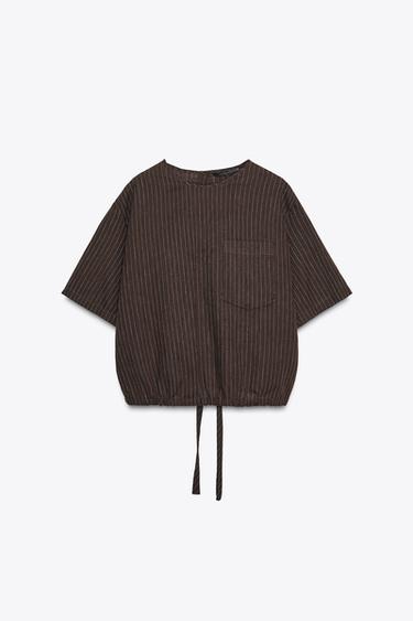 Zara ZW COLLECTION STRIPED LINEN BLEND TOP - Brown / Ecru