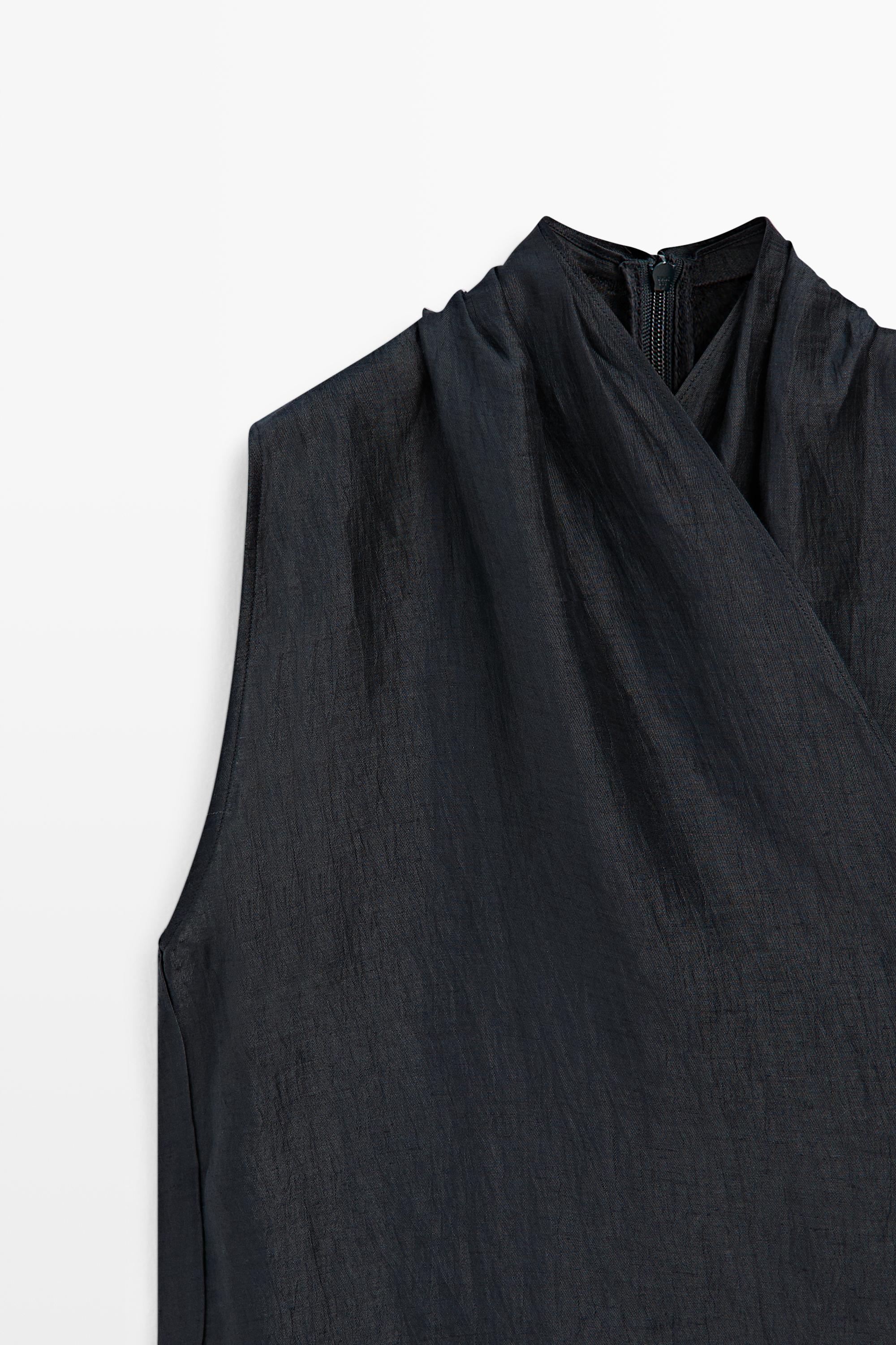 Linen blend sleeveless crossover top - Navy blue | ZARA Canada