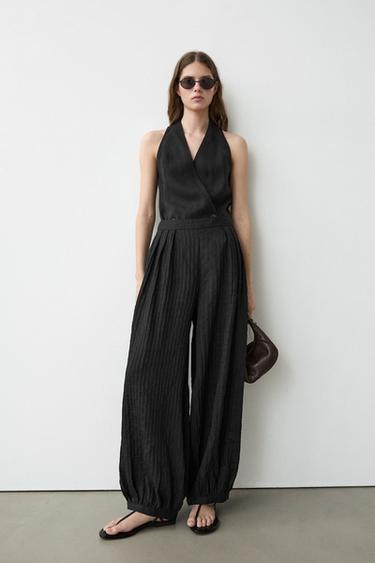 Zara Flowing linen blend sarouel trousers - Black