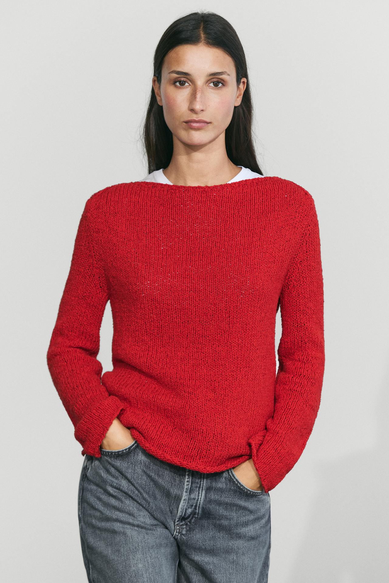 Cotton blend knit boat neck sweater — Red
