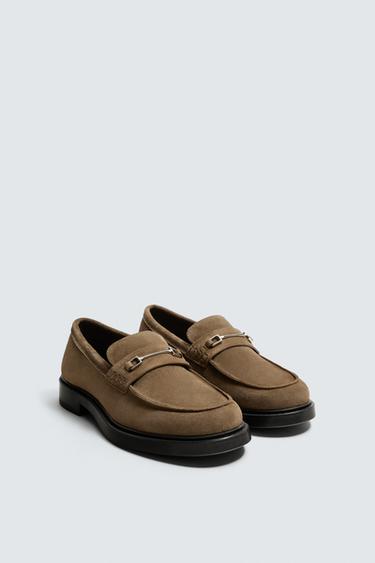 GIÀY MOCCASIN DA ĐAI NGANG - Xám Nâu từ Zara