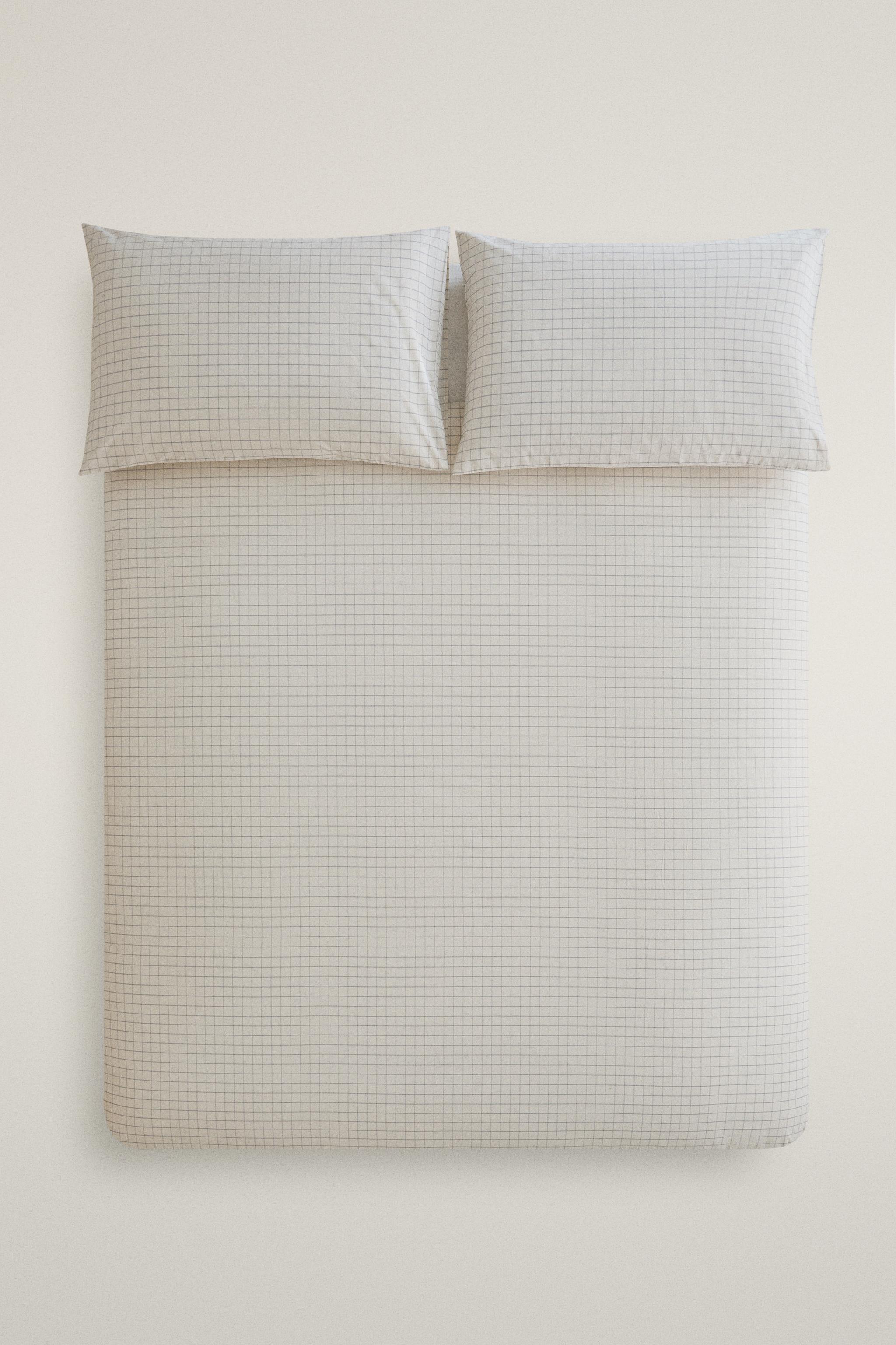 CHECKED COTTON DUVET COVER — Ecru