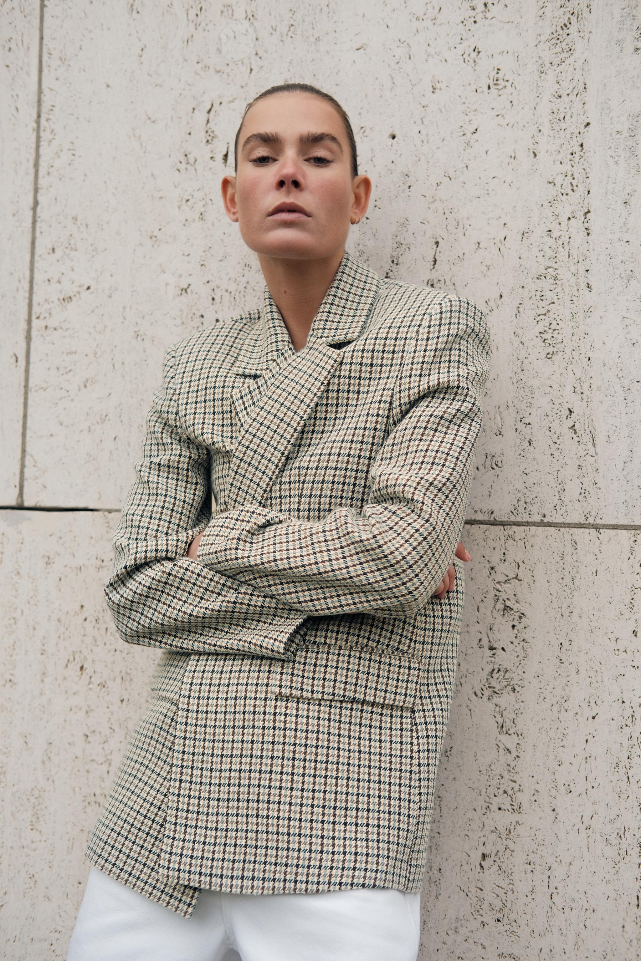 【ZARA】ストレートフィットハウンドトゥース柄ブレザー ストレートフィットハウンドトゥース柄ブレザー - ベージュ