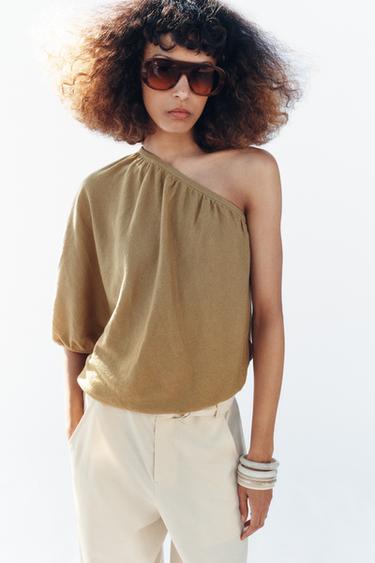 Zara ASYMMETRIC KNIT TOP - Light beige