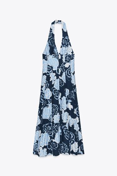 Zara FLORAL PRINT HALTER MIDI DRESS - Navy / White