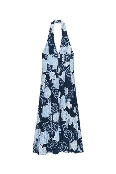 Zara FLORAL PRINT HALTER MIDI DRESS - Navy / White - Image 0