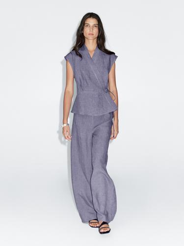 Chaleco cruzado 100% lino - Azul de Zara