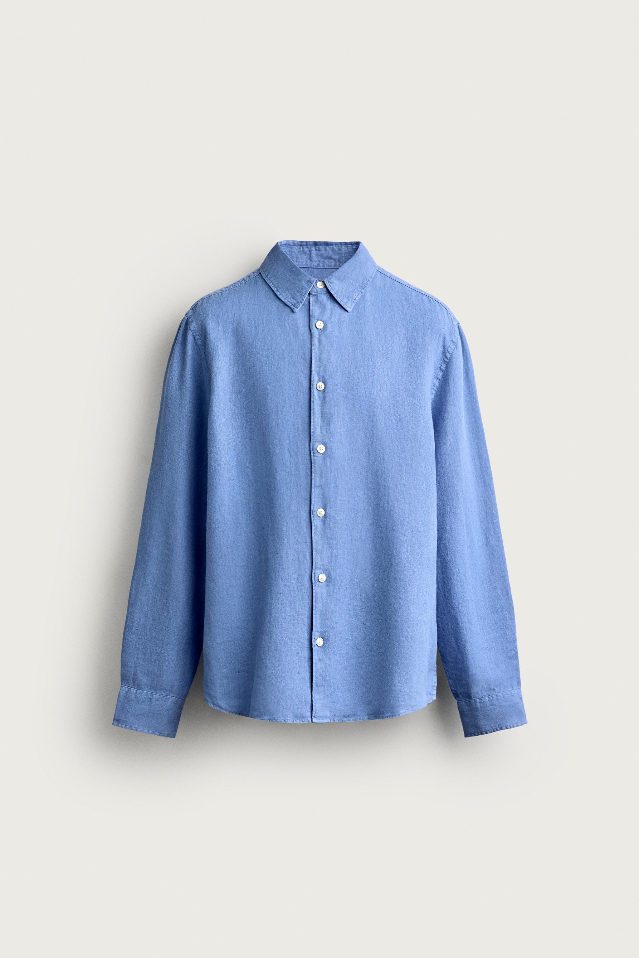 100% LINEN REGULAR FIT SHIRT — Faded blue