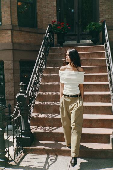 Zara PLEATED CARGO PANTS - Light khaki