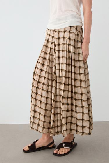 Flowing check midi skirt co-ord — Light mink 2