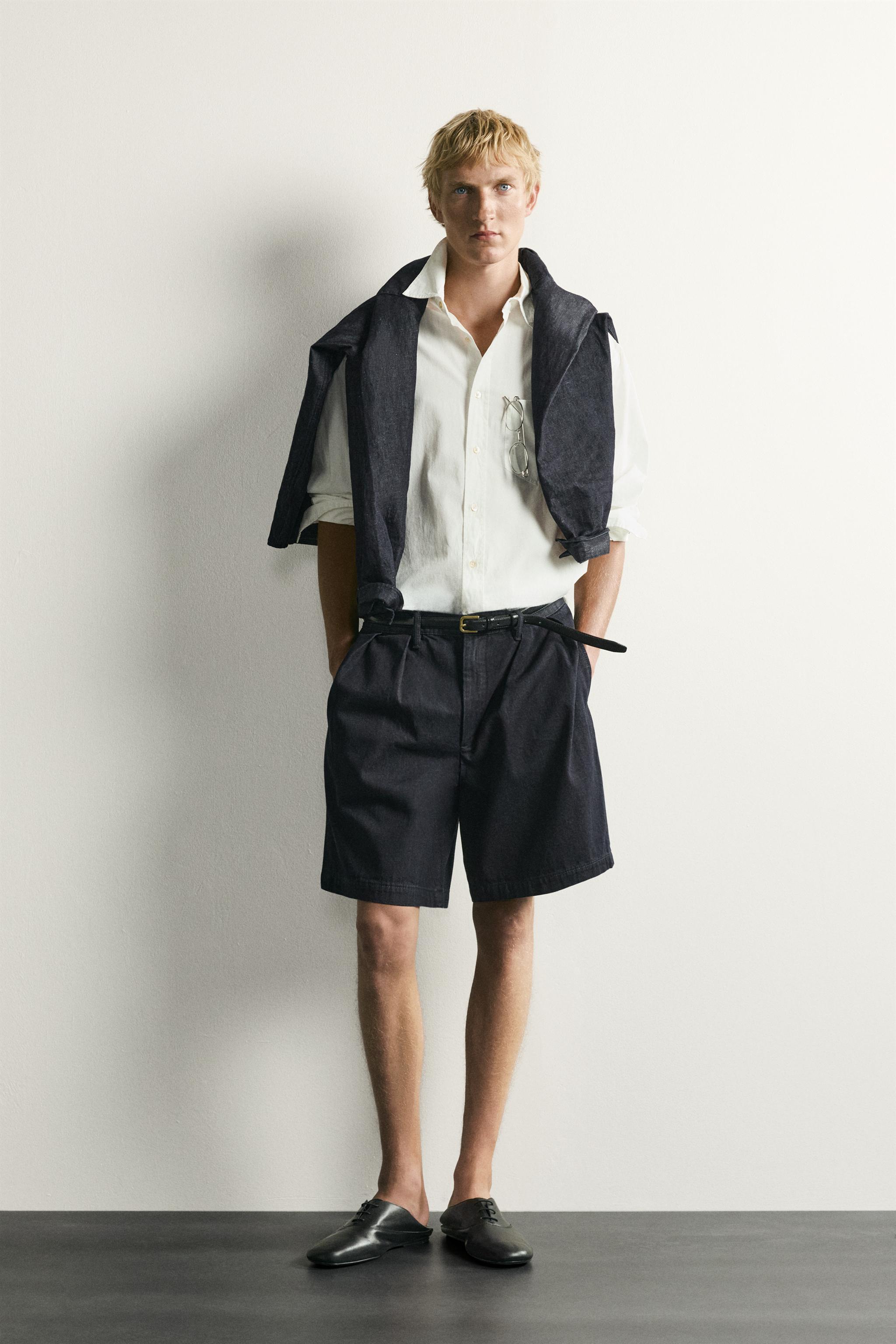 RELAXED FIT PLEATED CHINO DENIM SHORTS