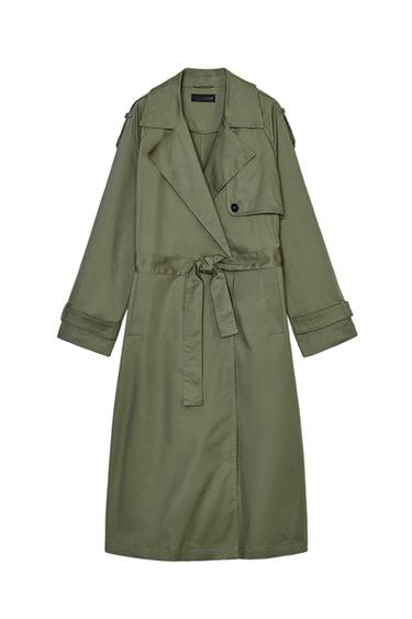 Front view of a green coat with belt and large lapels.