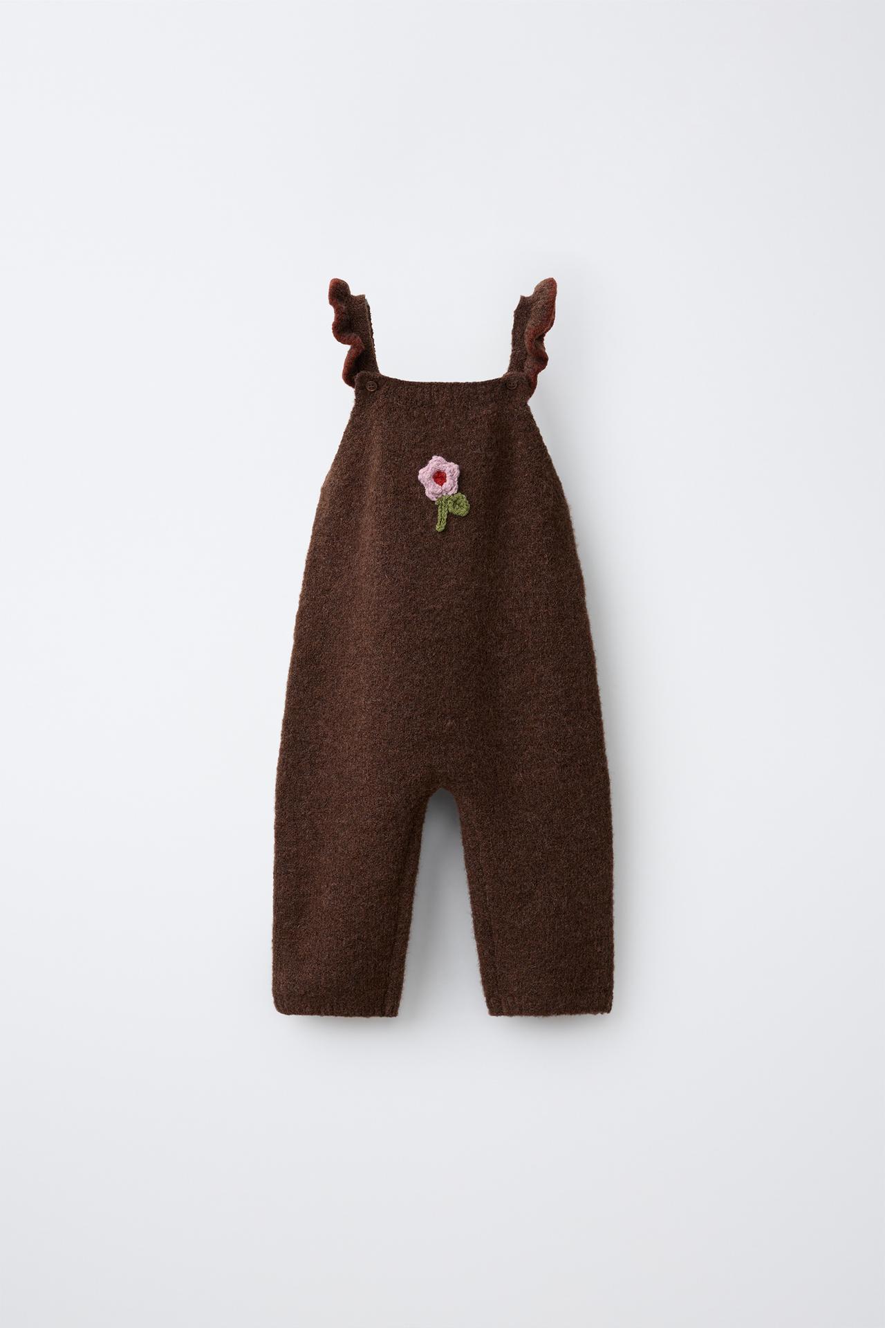 LONG FLORAL KNIT DUNGAREES — Brown