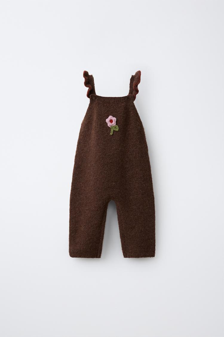 LONG FLORAL KNIT DUNGAREES — Brown