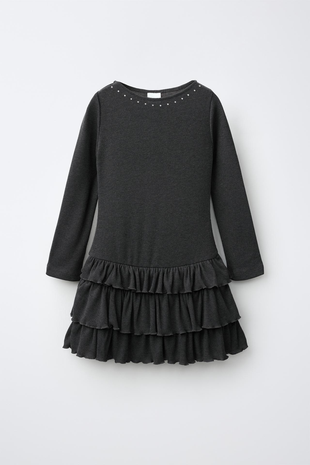 STUDDED RUFFLE DRESS — Anthracite grey