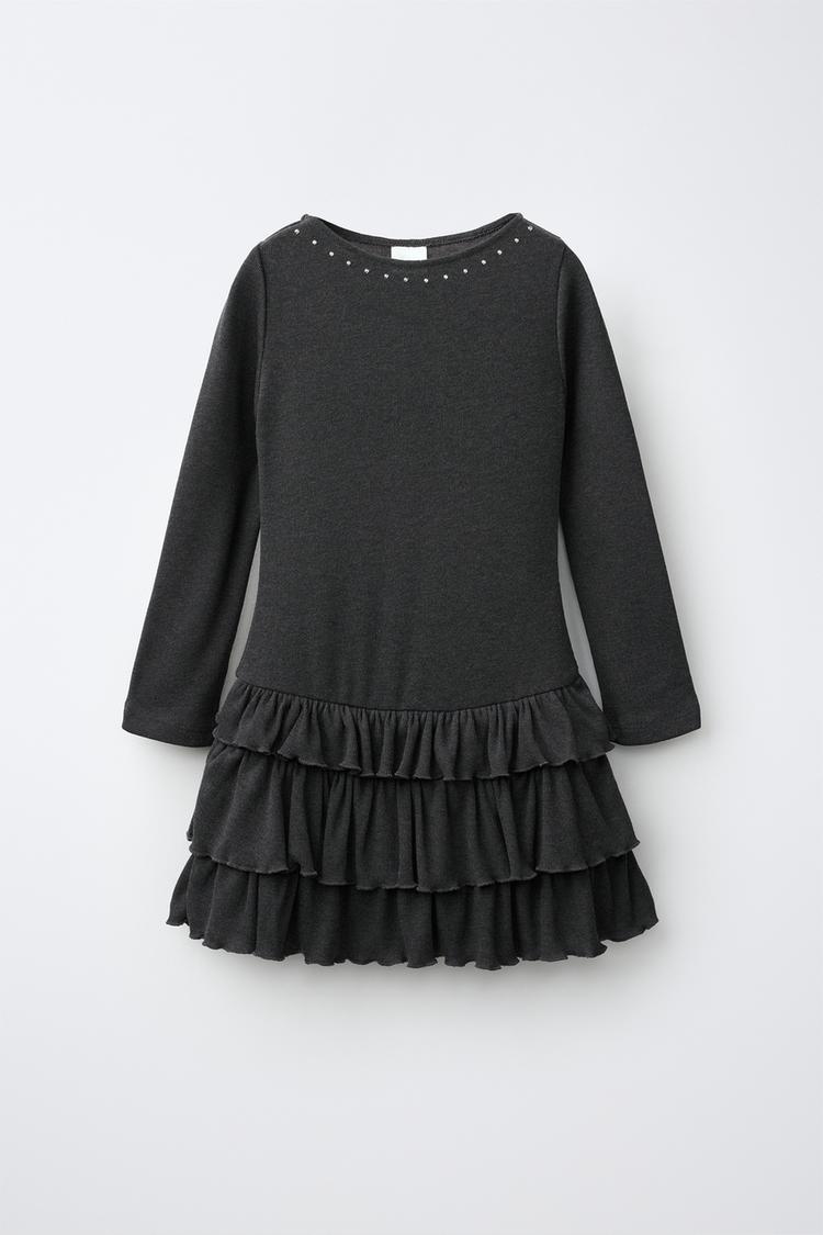 STUDDED RUFFLE DRESS — Anthracite grey
