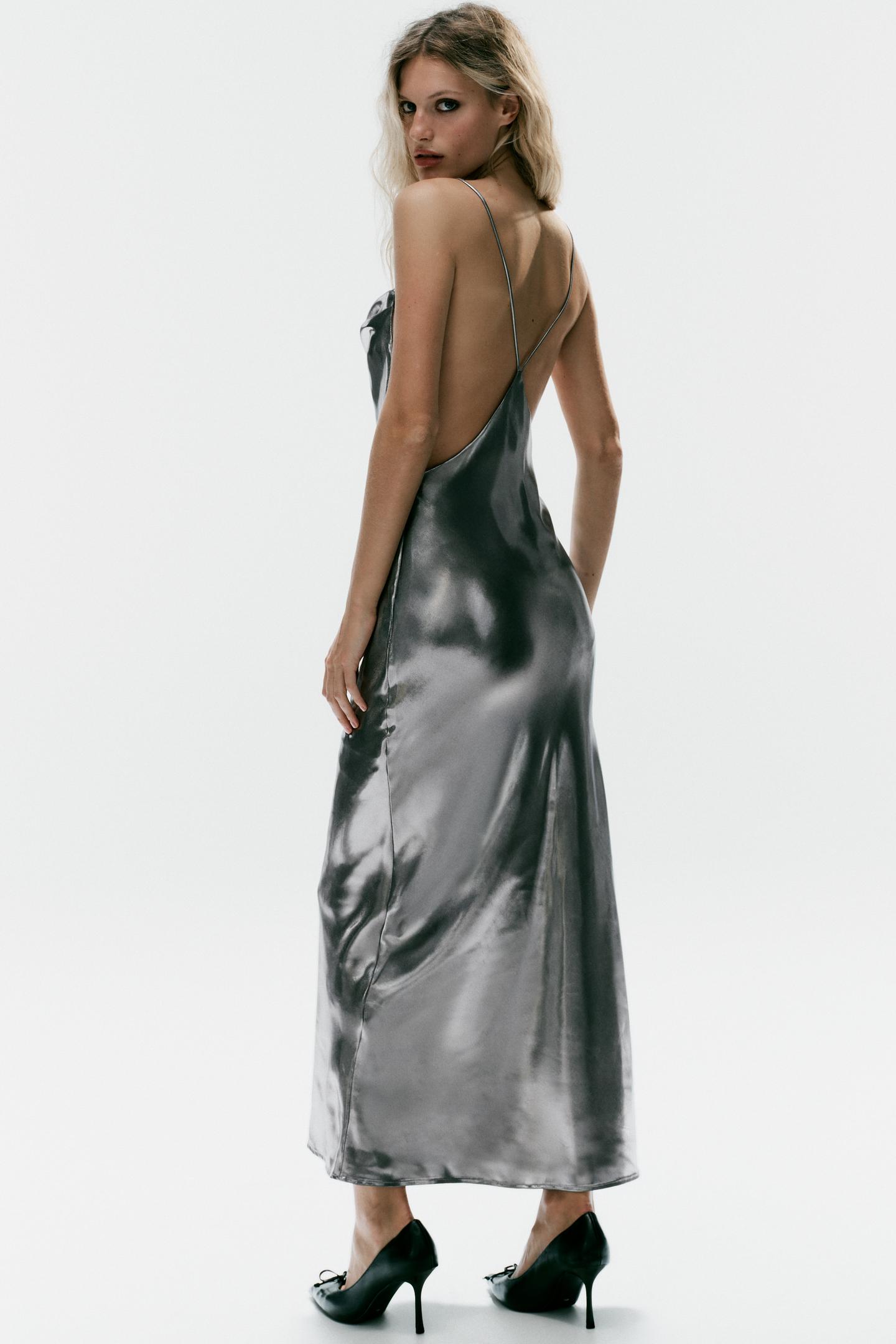 Женское платье Zara Draped Metallic-Effect Strappy, цвет: Серебряный — фото 5
