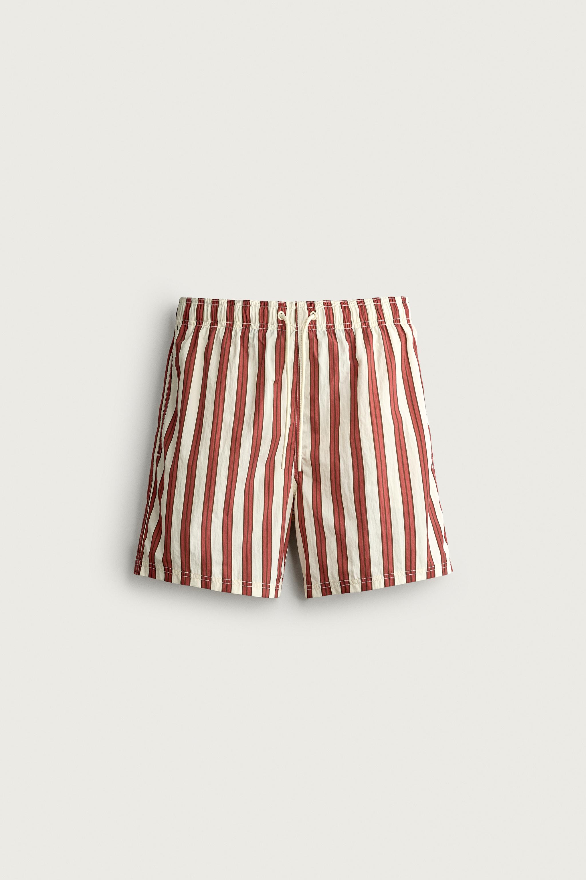 LONG STRIPED SWIMSHORTS — Ecru / Red
