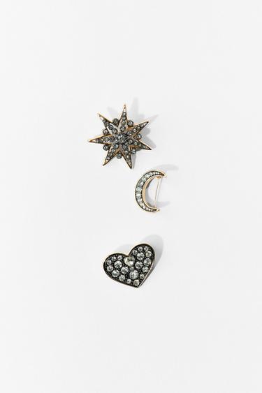 Zara THREE-PACK OF SPARKLY MOON AND STAR BROOCHES - Gold / Silver