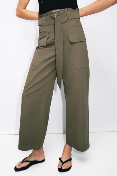 PANTALON CARGO PAPERBAG AVEC CEINTURE - Kaki de Zara