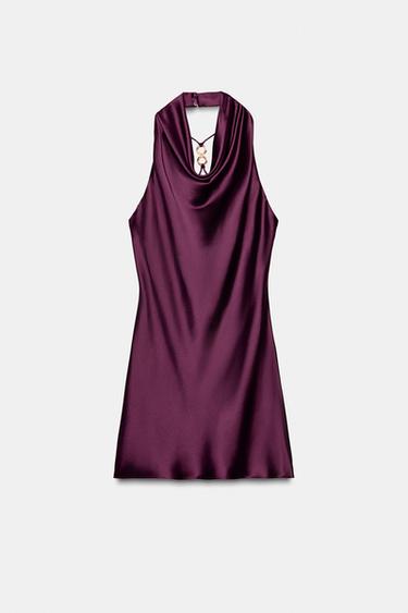 Zara SATIN HALTER MINI DRESS - Burgundy - Image 0