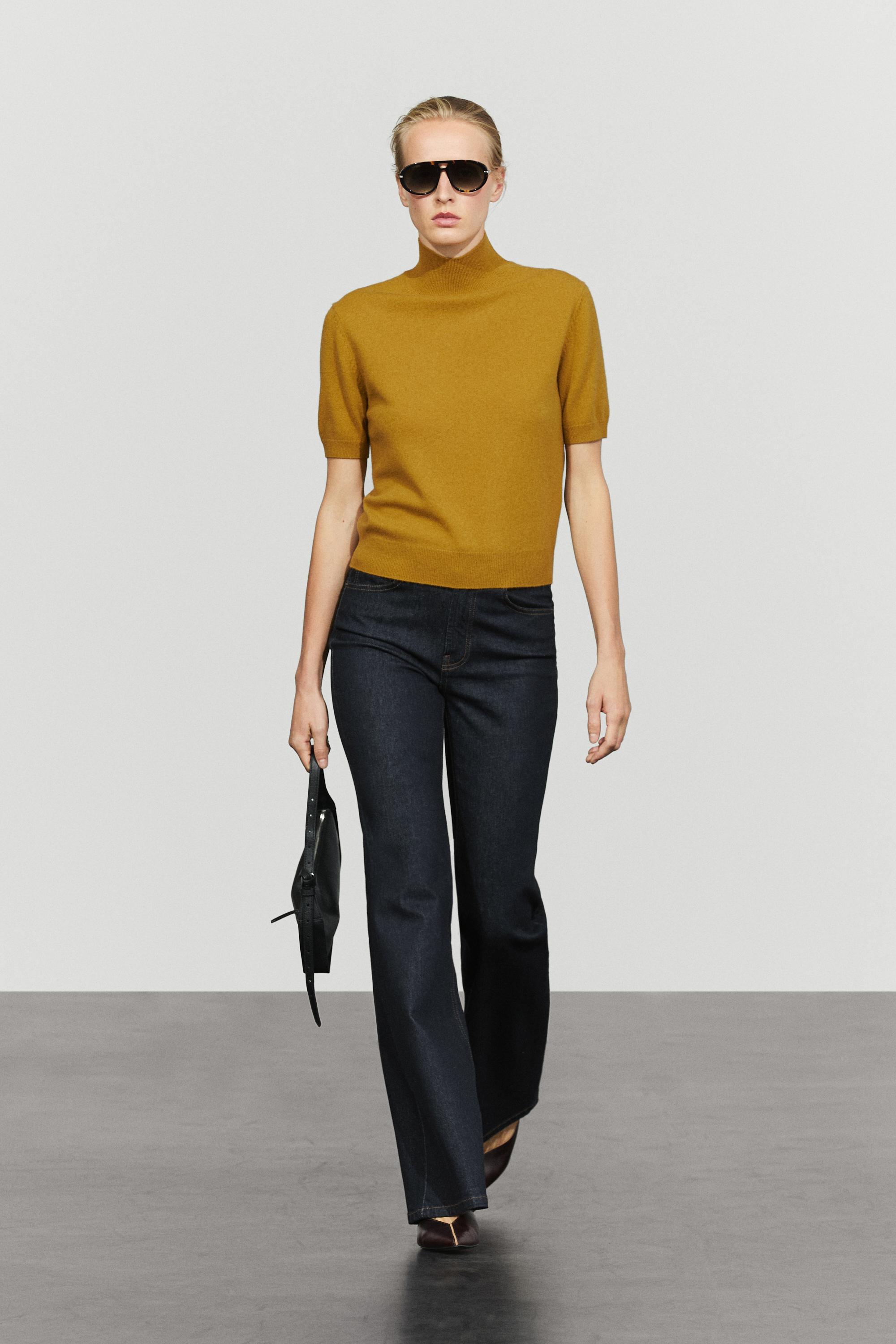Wool-cashmere blend short sleeve knit sweater — Mustard