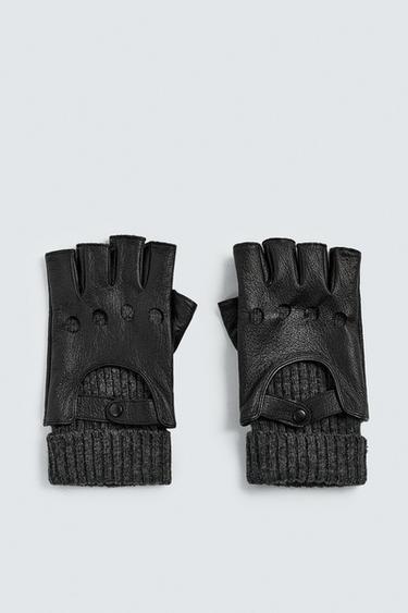 CONTRAST LEATHER MITTENS - Black by Zara