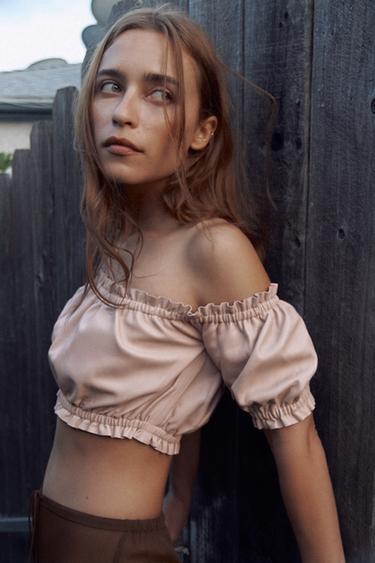 100% LEATHER GATHERED TOP - Pale pink by Zara - Image 0