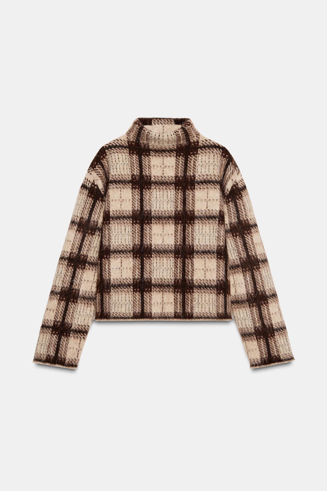 PLAID BRUSHED EFFECT KNIT SWEATER