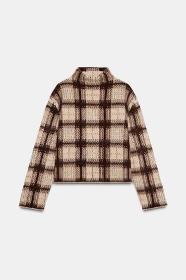 Zara PLAID BRUSHED EFFECT KNIT SWEATER - Beige / Taupe brown