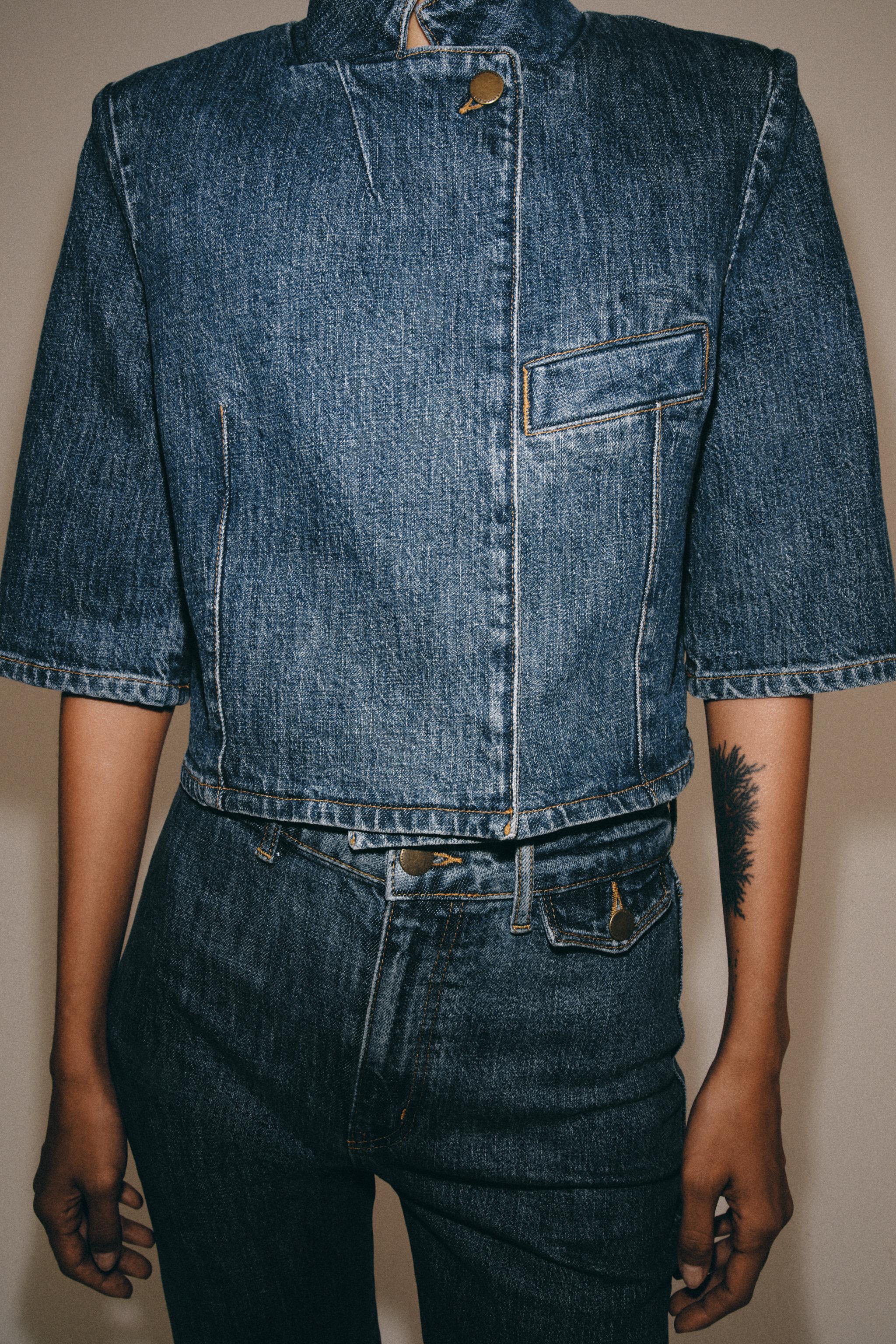 ZW COLLECTION CROPPED DENIM BLAZER — Blue