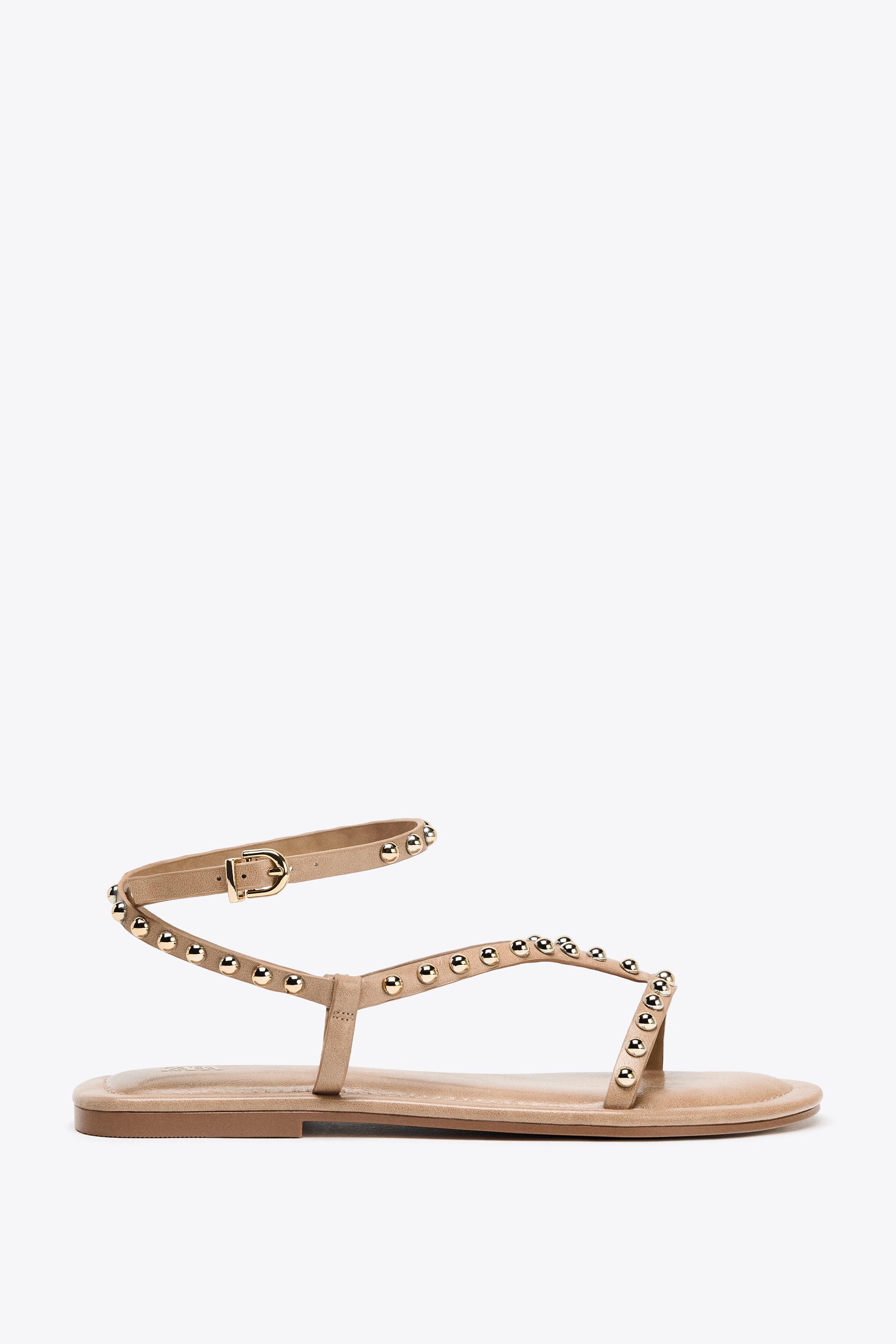 ZARA ベージュ ストラップサンダル 42 リアルレザー製ダブルストラップサンダル - ベージュ | ZARA