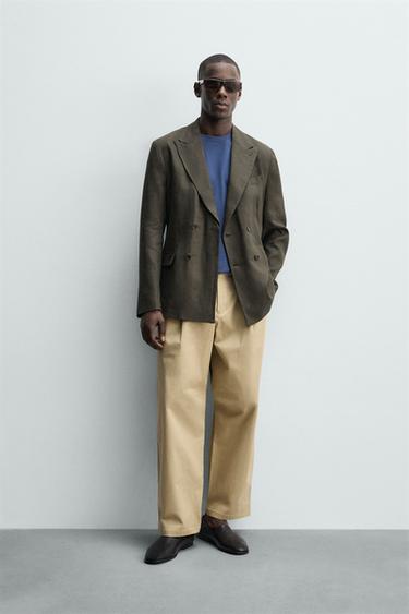 ÁO KHOÁC BLAZER 100% LINEN VẠT ĐẮP CHÉO - Kaki từ Zara