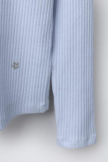 RIBBED TURTLENECK T-SHIRT WITH STUDS - Sky blue by Zara - Image 3