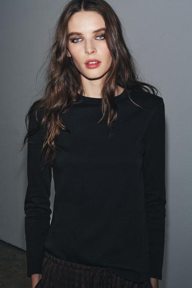 CAMISETA MANGA LARGA INTERLOCK - Carbón de Zara - Imagen 0