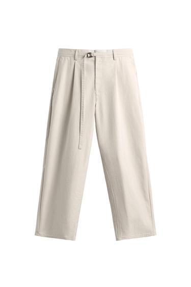 BELTED WIDE-LEG PLEATED TROUSERS - Ecru by Zara
