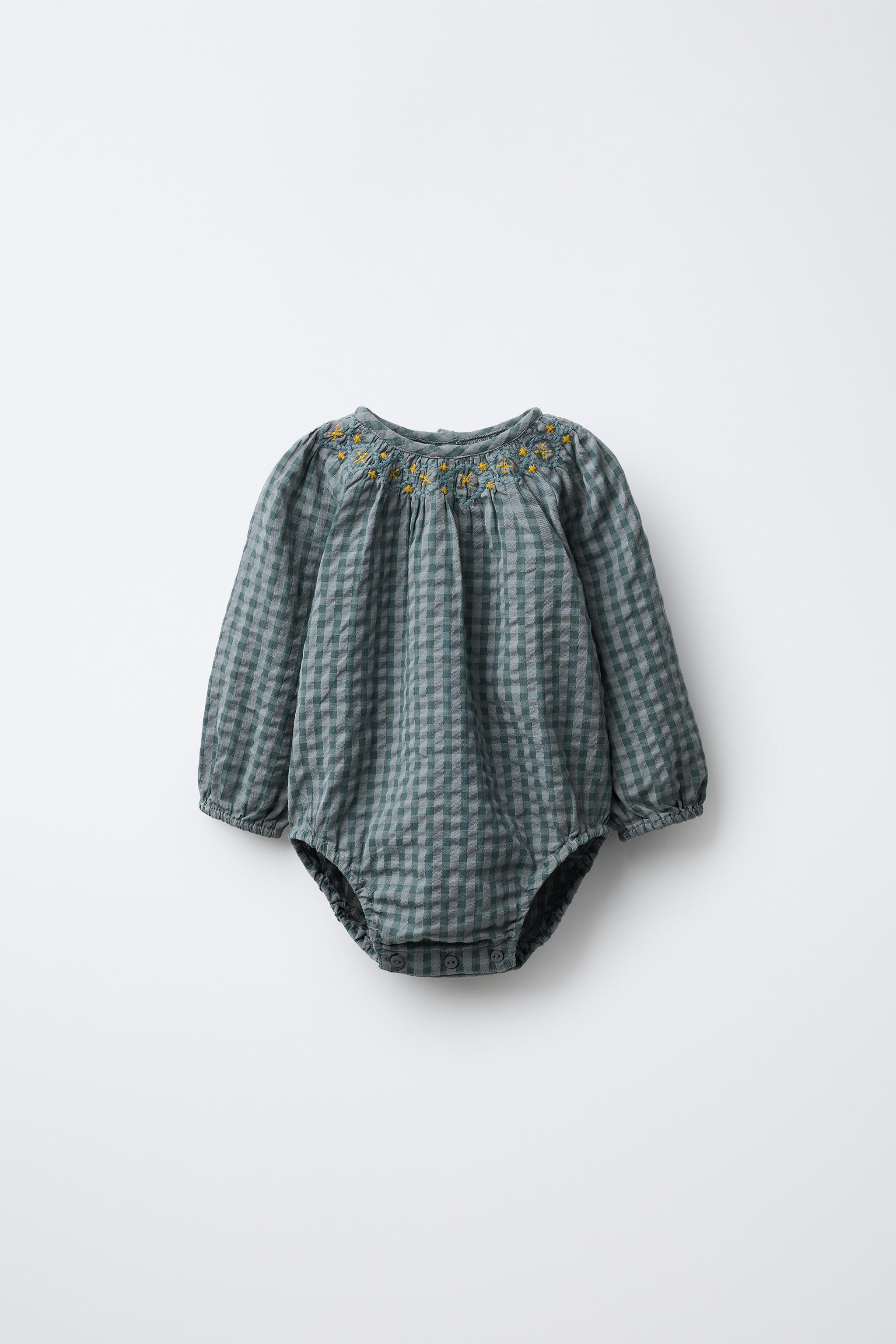 刺繍入りチェック柄ロンパース - ブルー/グレー | ZARA Japan / 日本