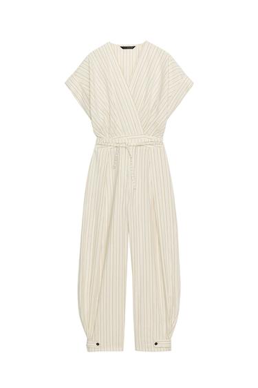 STRIPED JUMPSUIT WITH BELT - Ecru / Blue by Zara