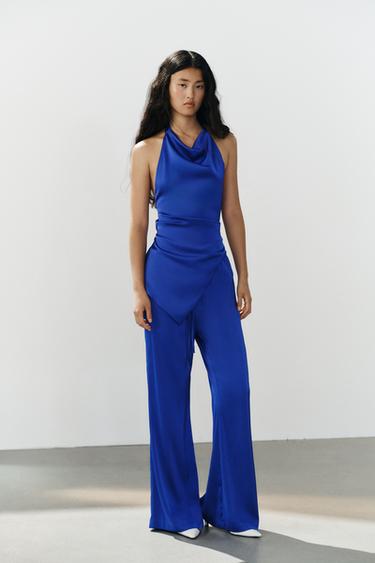 Zara ASIMETRIČNA SATENSKA BLUZA SA AMERIČKIM IZREZOM – jarkoplava boja