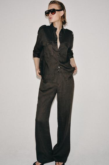 Zara ZW COLLECTION LINEN POCKET SHIRT - Mink