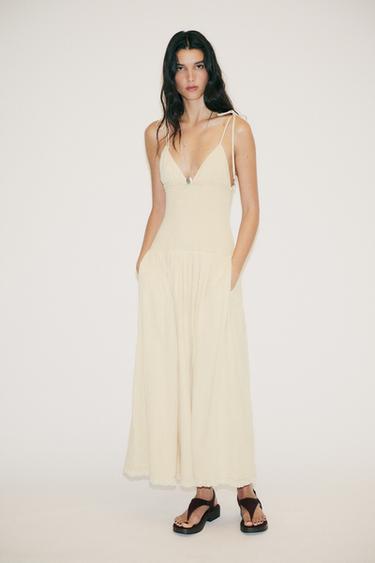 CONTRAST SMOCKED MIDI DRESS - Beige by Zara